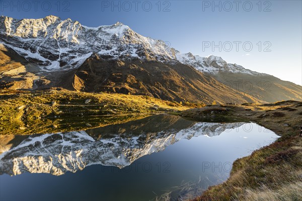 Snow-covered mountains reflected in mountain lake