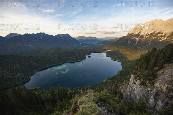 View over the Eibsee lake at sunset
