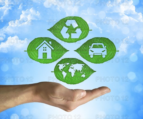 Opened hand holding a green leaf with recycling symbol on a blue sky background
