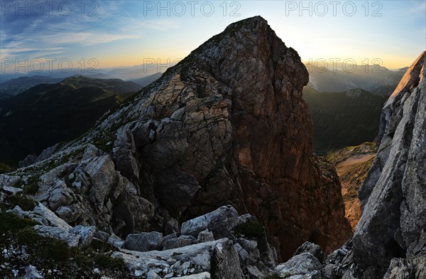 Dawn near the summit of Mt Ennskraxen in the Radstaedter Tauern mountain range of the Alps