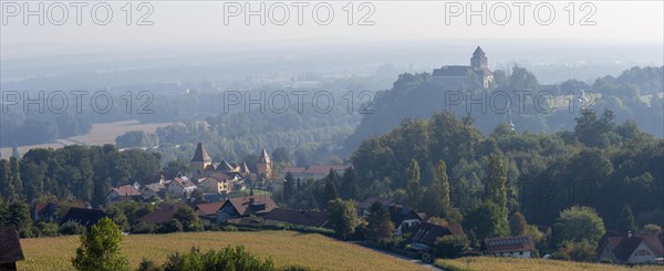 View from the Weinleiten water tower of the municipality of Ehrenhausen with Ehrenhausen Castle and the Eggenberger mausoleum