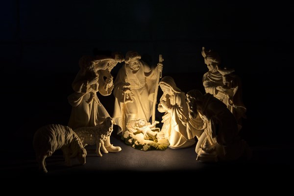 Carved wooden nativity scene figurines