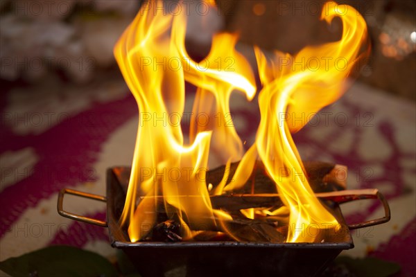 Close up of the offerings of Yajna at a Hindu wedding in Beau-Bassin