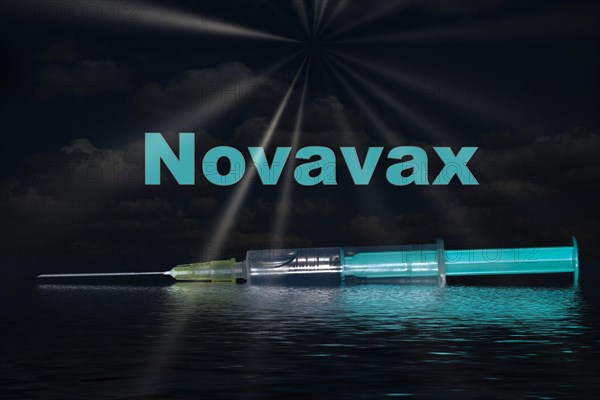 Injection syringe with the vaccine Novavax and sun rays reflected in the water