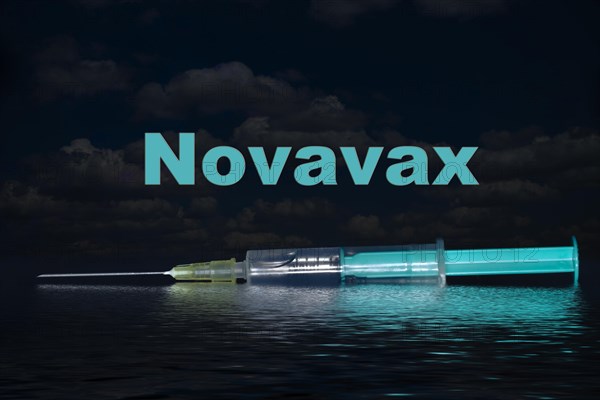 Injection syringe with the vaccine Novavax reflected in the water