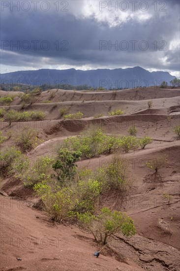 Red earth and sparse vegetation characterise the landscape at Mirador de Abrante