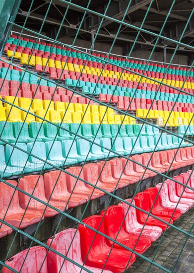Colourful seats for the spectators at Friedrich Ludwig Jahn Sportpark