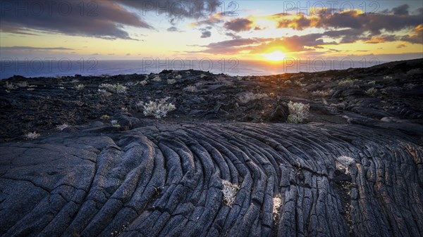 Typical volcanic landscape at La Restinga at sunset