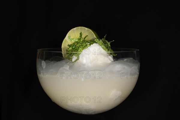 Lemon coconut sorbet with champagne and fresh mint in a glass
