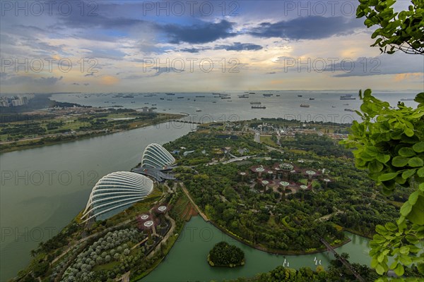 View from Marina Bay Sands to the Gardens by the Bay and the ships in front of the harbour
