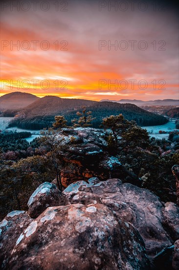 View from the sandstone rock Wachtfelsen to the sunrise