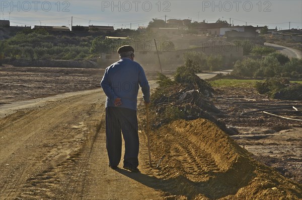 Old man on cane takes evening walk
