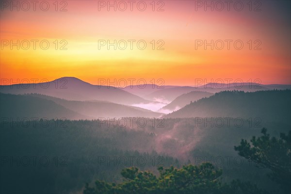 View from the sandstone rock Wachtfelsen to the sunrise