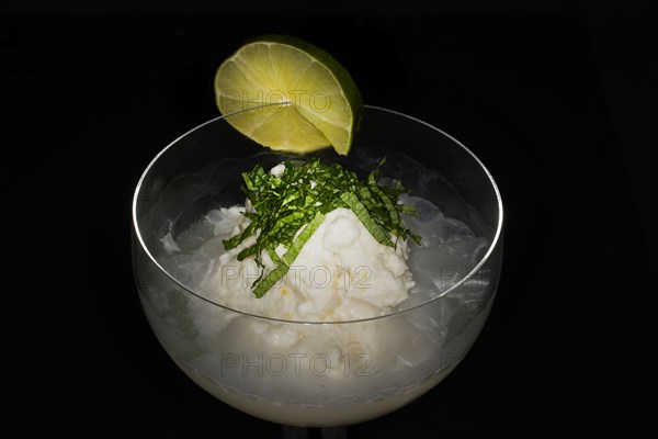 Lemon coconut sorbet with champagne and fresh mint in a glass