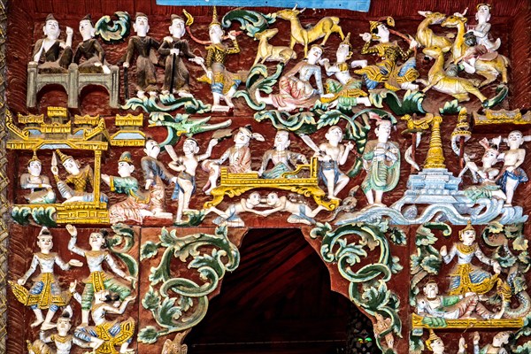 Wood carvings in side temples of Shwezigon Pagoda