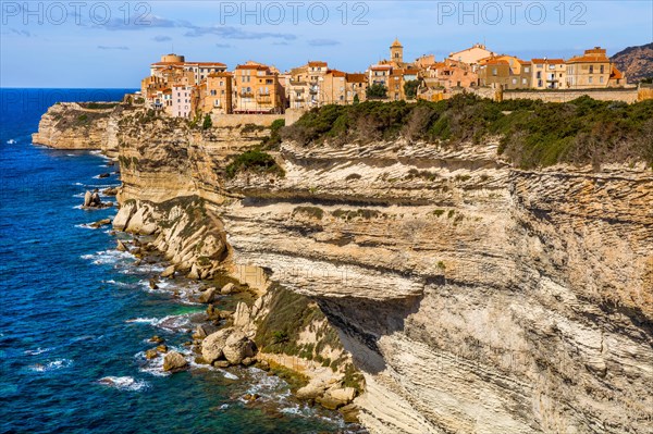 Steep coast of Bonifacio with old town on a limestone plateau
