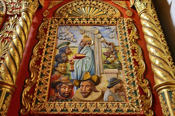 Detail of the colourful altar of the mission church Catedral Inmaculada