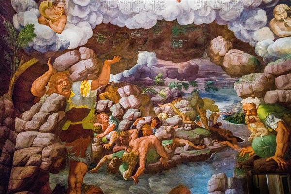 Most famous fresco of Mannerism: Giulio Romano's illusion invents a dome and dissolves the architecture of the room into the fall of the giants