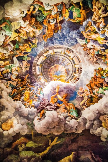 Most famous fresco of Mannerism: Giulio Romano's illusion invents a dome and dissolves the architecture of the room into the fall of the giants