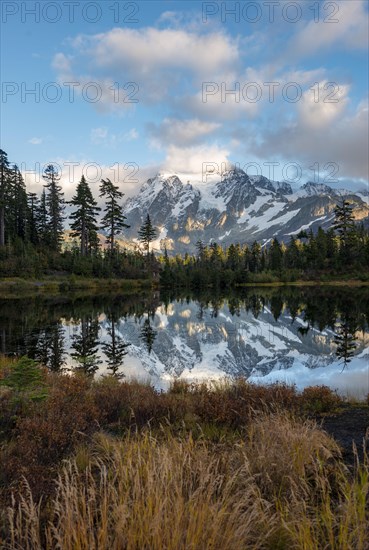 Mt. Shuksan glacier with snow reflecting in Picture Lake