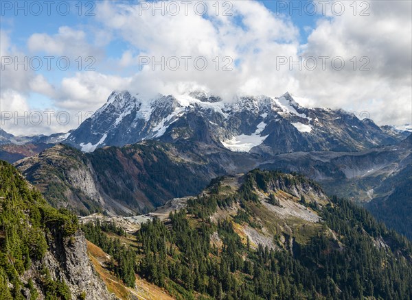 View from Table Mountain of Mt. Shuksan with snow and glacier