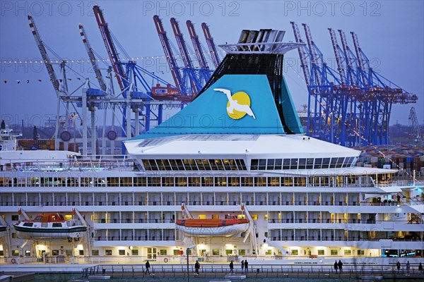 Cruise ship Artania at Hamburg Cruise Center Altona with the cranes of the harbour in the background