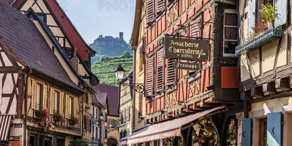 Half-timbered houses in the old town in front of the rock castle of Saint Ulrich
