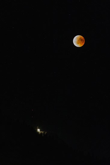 Lunar eclipse over the mountain station of the Saentisbahn