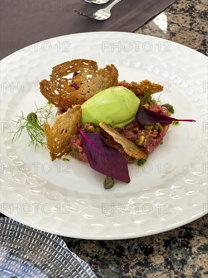 Avocado dip with toasted bread and salmon tartare