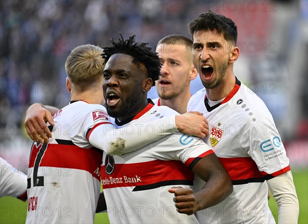 Goal celebration Orel Mangala VfB Stuttgart with Atakan Karazor VfB Stuttgart Chris Fuehrich VfB Stuttgart
