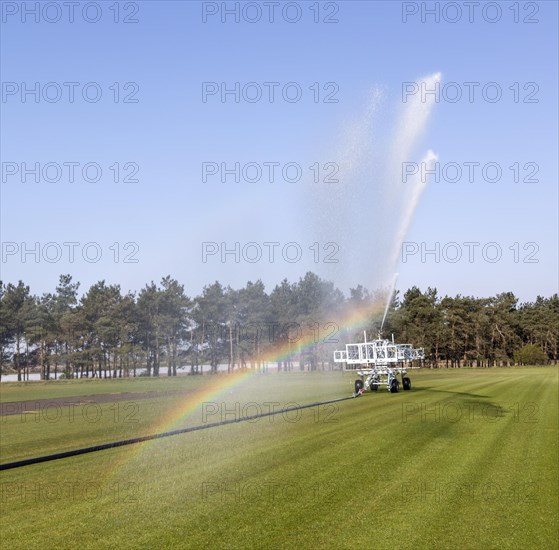 Irrigator machine spraying water turf farming