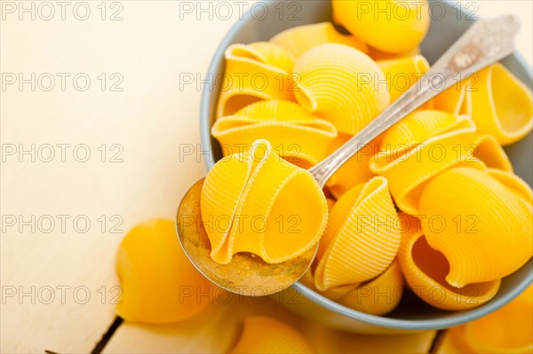Raw Italian snail lumaconi pasta on a blue bowl over rustic table macro