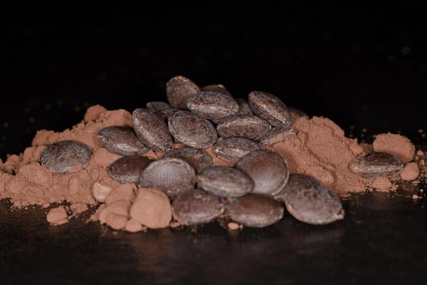 Dark couverture chocolate drops lying on cocoa powder