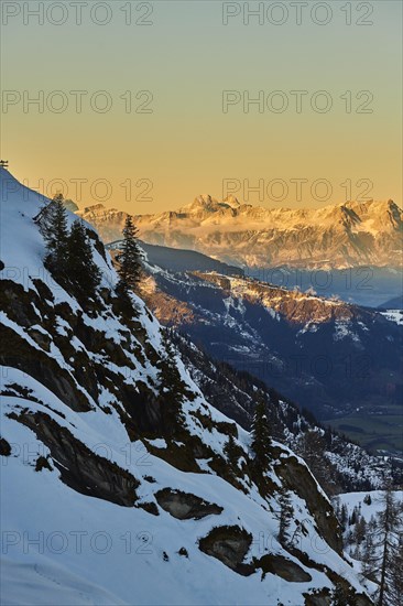 View from Mount Kitzsteinhorn on snow covered mountains down to Zell am See