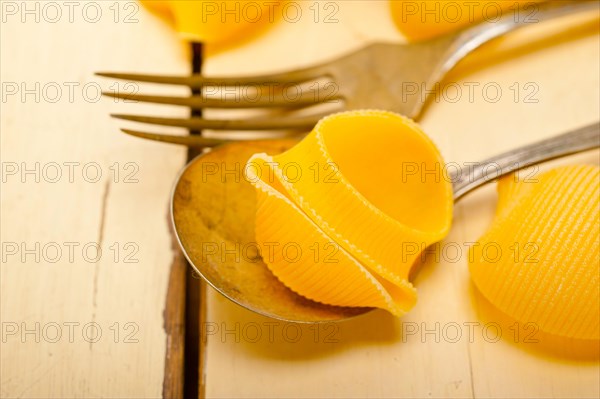 Raw Italian snail lumaconi pasta on a blue bowl over rustic table macro