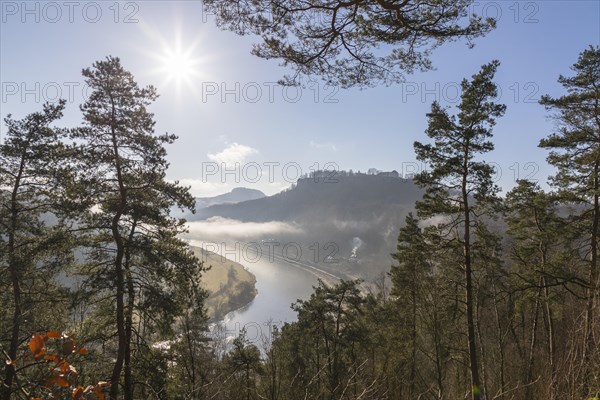 View from the Biedermann Mausoleum into the Elbe Valley with Koenigstein Fortress in the morning mist
