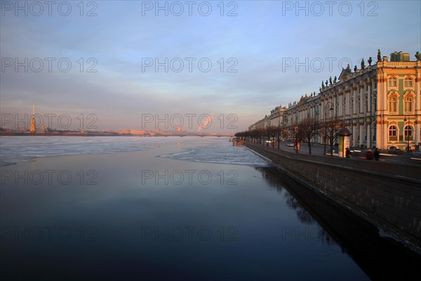 The Hermitage Museum overlooking the partly frozen Neva river with Vassilevski island visible in the background