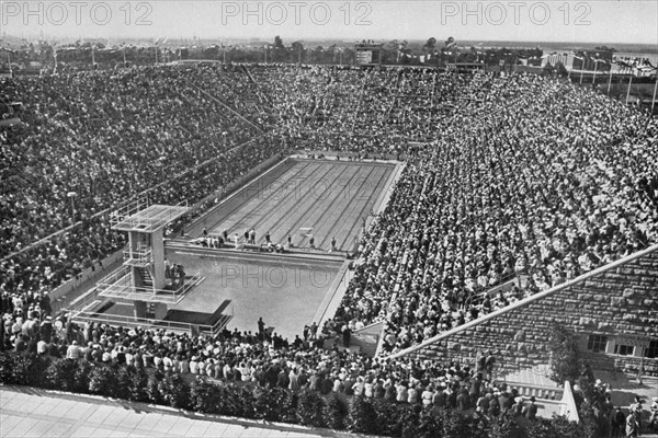 The swimming stadium on the Reichssportfeld during the competitions of the XI Olympiad