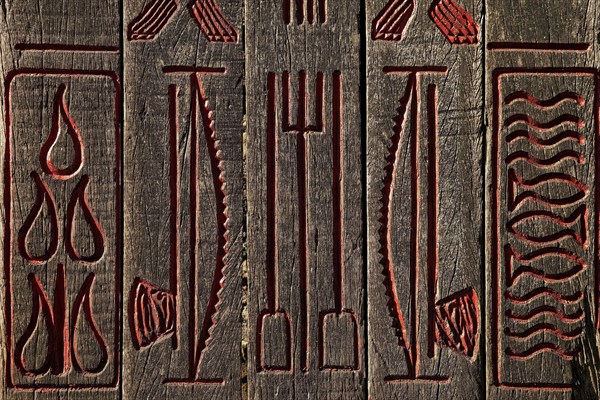 Detail of the wooden stele made of ship planks for the 1000th anniversary of the parish