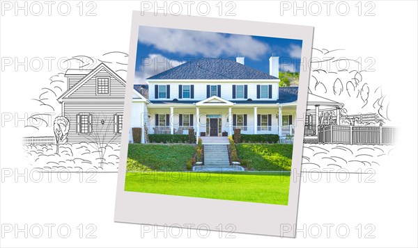 Custom house drawing with picutre frame above containing finished construction