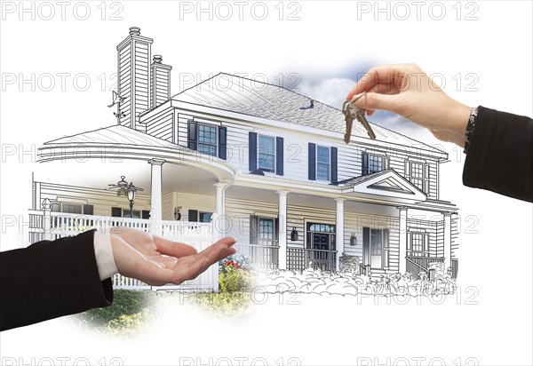 Handing over keys on house drawing and photo combination on white