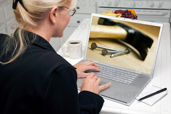 Woman in kitchen using laptop to research home improvement. screen can be easily used for your own message or picture. picture on screen is my copyright as well