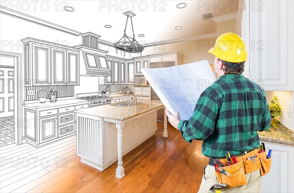 Male contractor with hard hat and plans looking at custom kitchen drawing photo combination on white