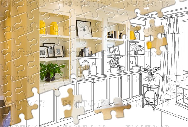 Puzzle pieces fitting together revealing finished built-in build over drawing