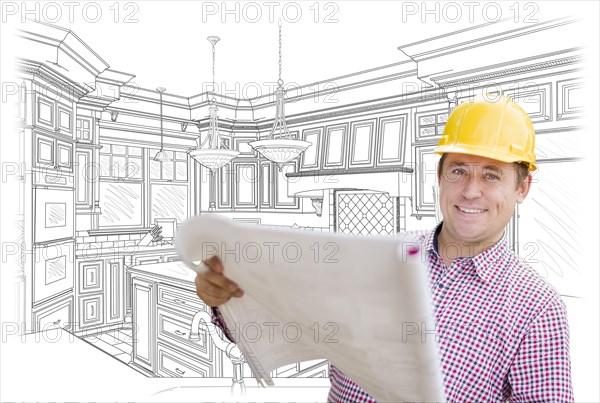 Smiling contractor holding blueprints over custom kitchen drawing