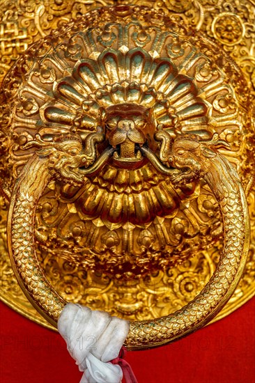 Lion shaped door handle in Buddhist temple. Kaza