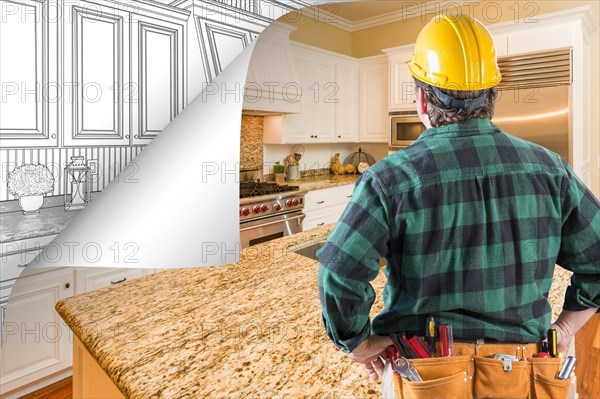 Contractor facing kitchen photo with page corner flipping to drawing behind