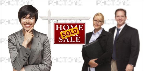 mixed-race people with sold home for sale real estate sign isolated on a white background
