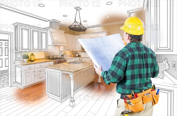 Male contractor with hard hat and plans looking at custom kitchen drawing photo combination on white