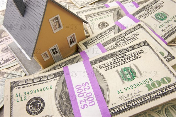 Home with stacks of money as background